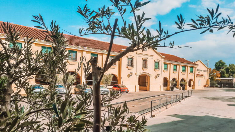 La fachada del hermoso edificio de color amarillento y la bella arquitectura de Bodegas López de Mendoza, durante una visita en el mes de enero.