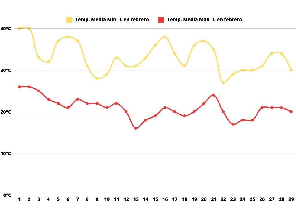 Gráfico de las temperaturas registradas en Mendoza en febrero.