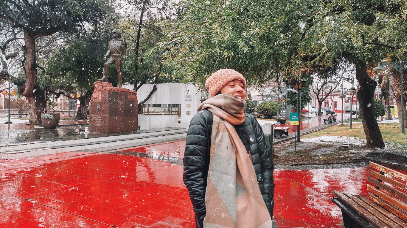 Una mujer sonriente, abrigada con bufanda y gorro, se encuentra en una plaza nevada de Mendoza. Detrás de ella, hay una estatua y árboles cubiertos de nieve, mostrando un encantador paisaje invernal en esta ciudad argentina.