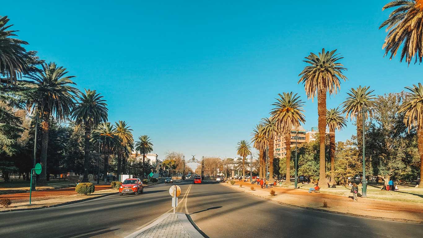 Avenida arbolada del Parque General San Martín, en Mendoza, Argentina, con palmeras alineadas a ambos lados de la calle, personas caminando y algunos coches a lo largo de la carretera, en un día soleado.