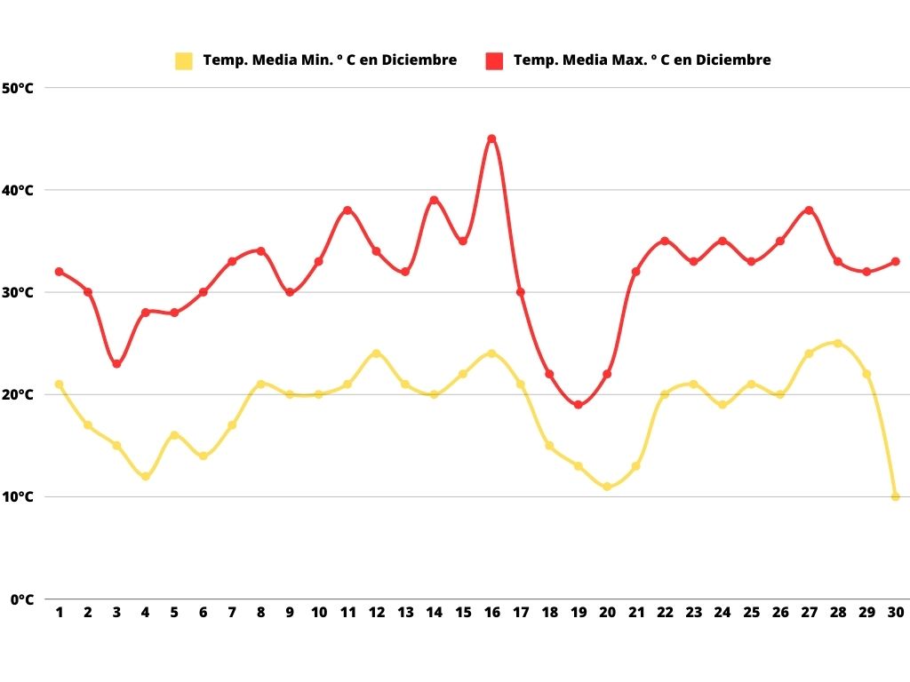 Gráfica con la temperatura máxima y mínima en Mendoza en diciembre.