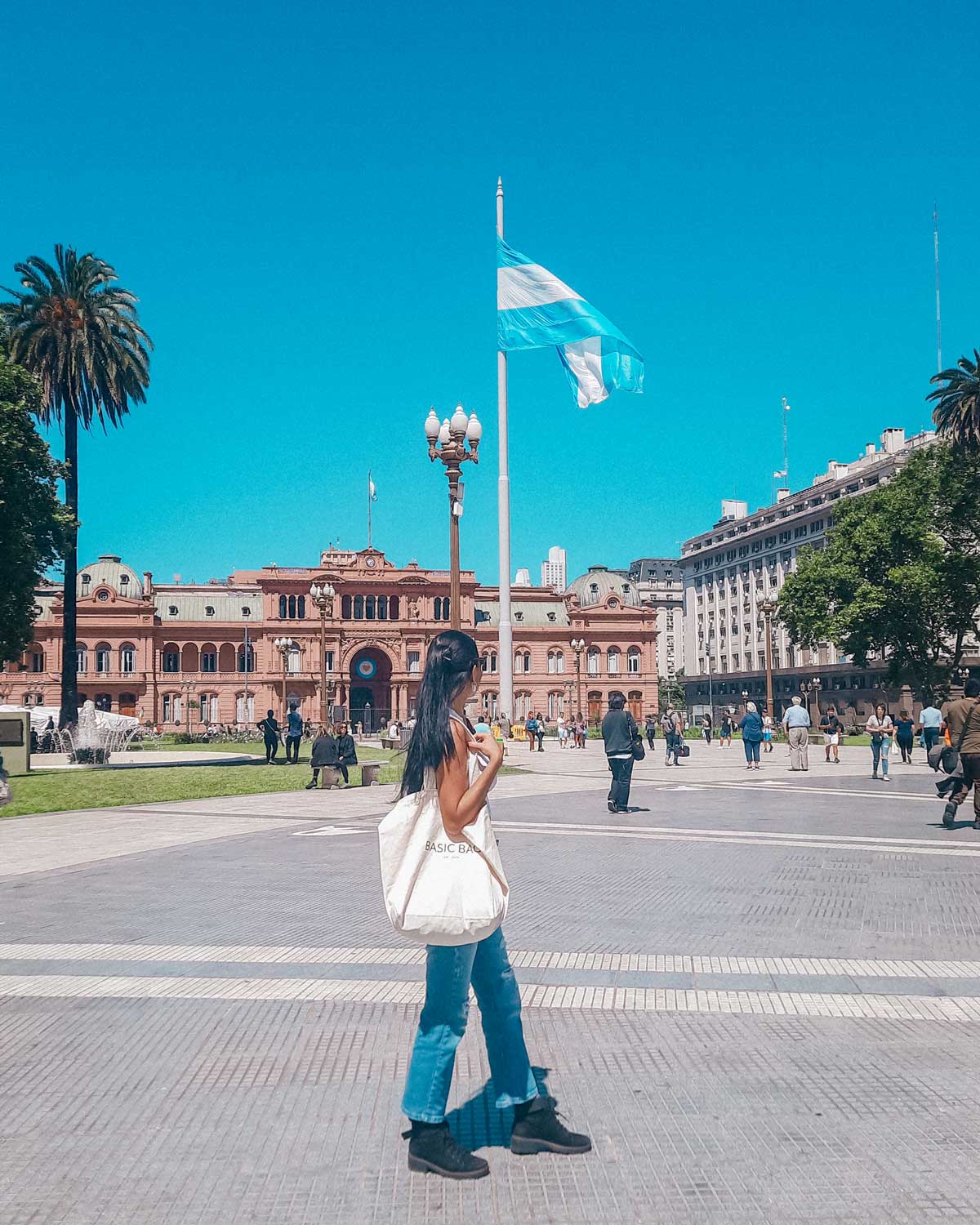 Una persona caminando frente a la Casa Rosada en Buenos Aires, Argentina, bajo un cielo despejado. En el centro de la imagen se destaca una gran bandera argentina ondeando al viento. El ambiente está animado con varias personas en la plaza, rodeada de palmeras y edificios históricos.