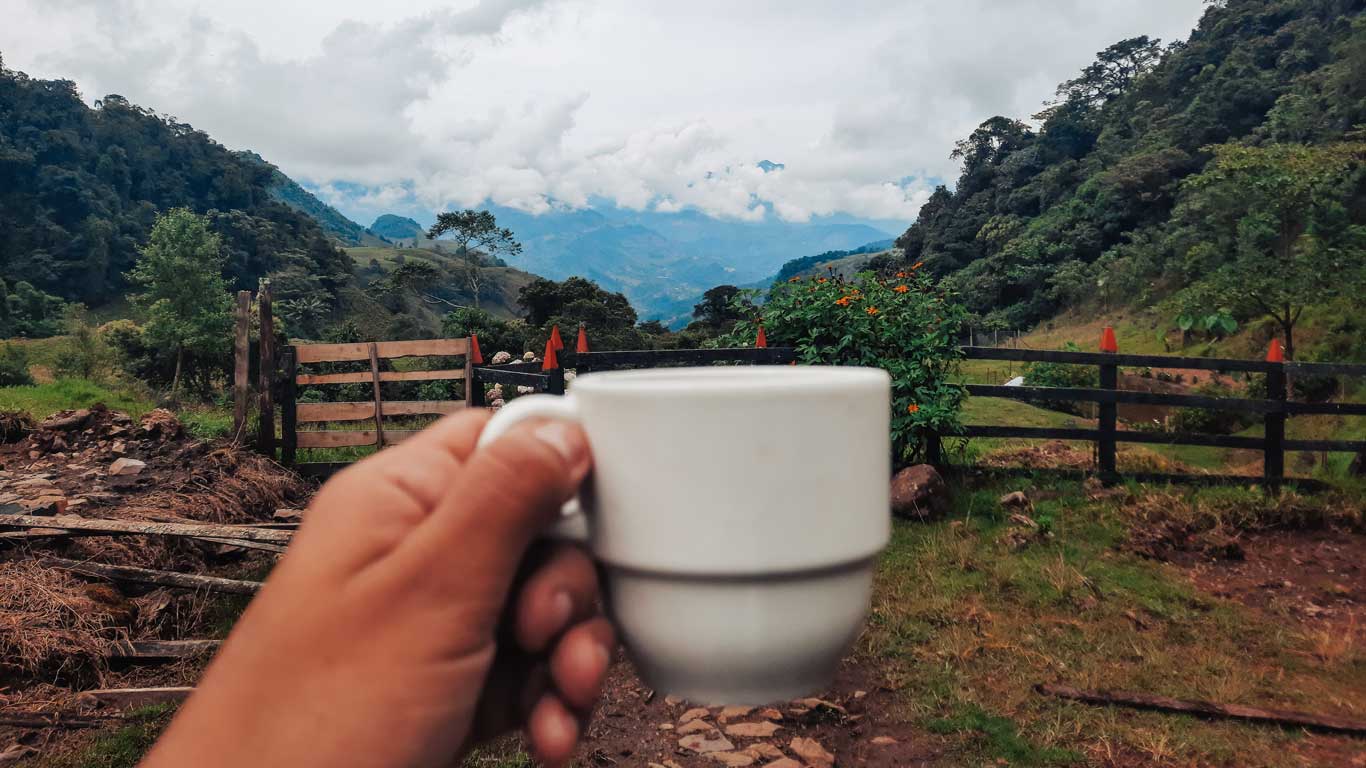 Una mano sostiene una taza de café blanca en primer plano, mientras de fondo se aprecia un paisaje montañoso en Jardín, Colombia. La escena muestra colinas verdes cubiertas de vegetación, con un cielo nublado y montañas a lo lejos, creando una atmósfera serena y natural. Un portón de madera y flores completan este entorno rústico, ideal para disfrutar de una taza de café en plena naturaleza.