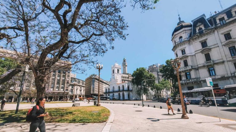 Una imagen de la Plaza de Mayo en Buenos Aires, Argentina, en un día soleado. Se aprecia el Cabildo con su fachada blanca y la torre del reloj, rodeado de edificios históricos. En primer plano, hay un árbol con ramas extendidas y una persona caminando mientras sostiene un objeto.