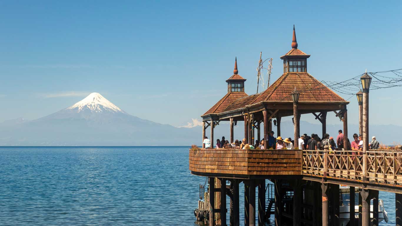 Imagen que muestra un muelle de madera en Frutillar, Chile, con un grupo de personas disfrutando de la vista al lago Llanquihue. En el fondo se destaca el volcán Osorno cubierto de nieve, bajo un cielo despejado que resalta la belleza del paisaje.