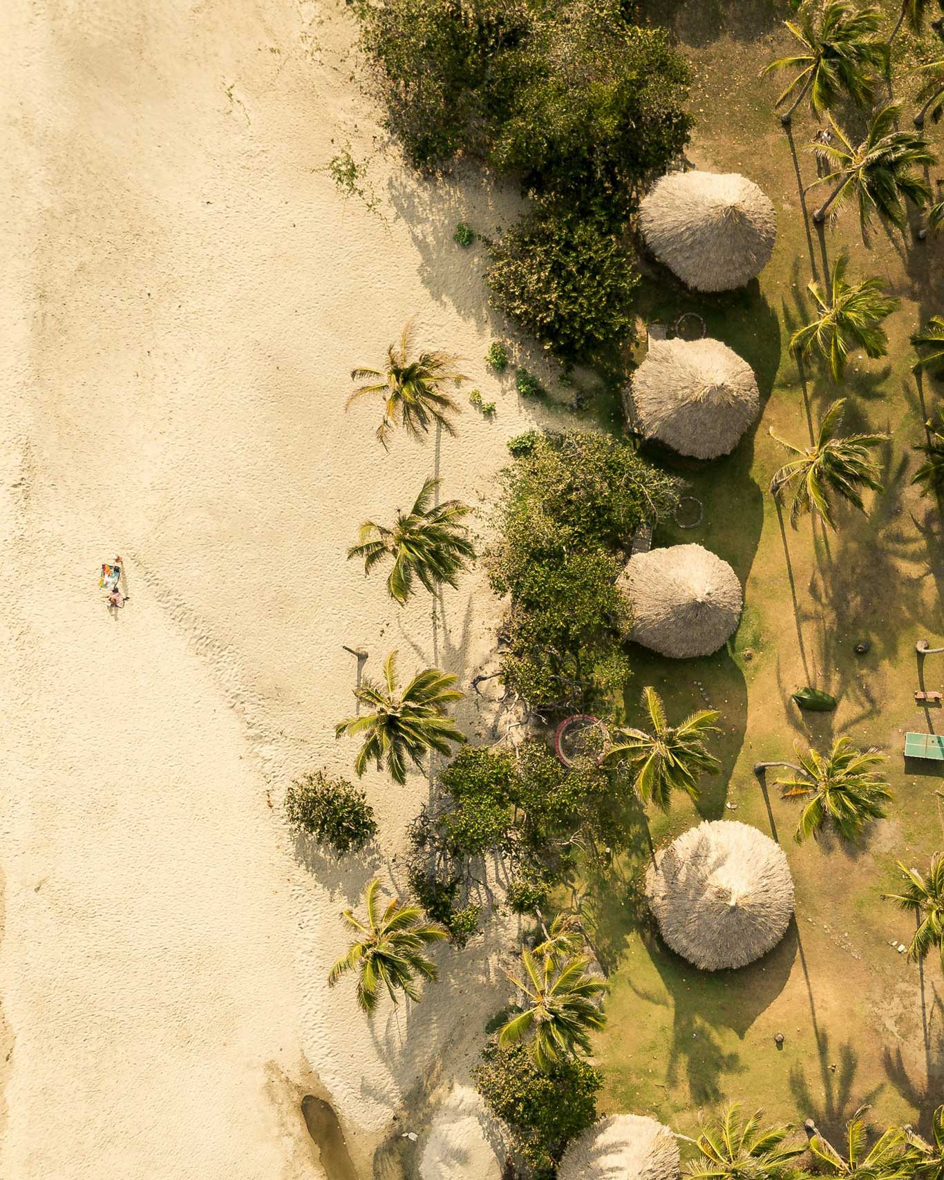 Vista aérea de una playa en el Parque Tayrona, con arenas doradas, olas suaves y cabañas tradicionales rodeadas de palmeras. La imagen muestra una combinación de naturaleza virgen y alojamiento rústico, ideal para quienes buscan dónde alojarse en el Parque Tayrona.