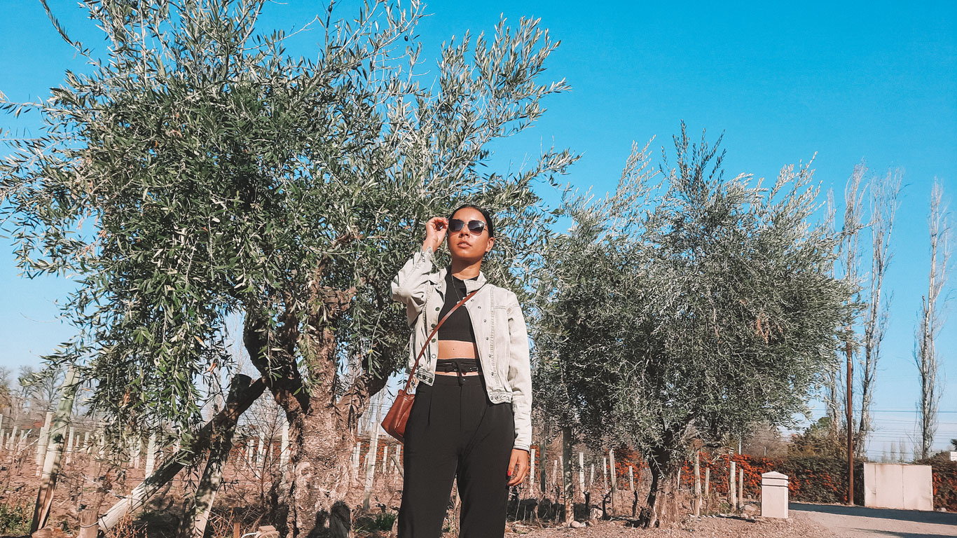 Una mujer con gafas de sol y una chaqueta vaquera clara posa bajo un árbol de olivo en un viñedo. Lleva un bolso cruzado, un top negro y pantalones negros, con el cielo azul despejado de fondo. La escena está llena de árboles y viñas, sugiriendo un recorrido turístico o una visita a una finca vinícola.