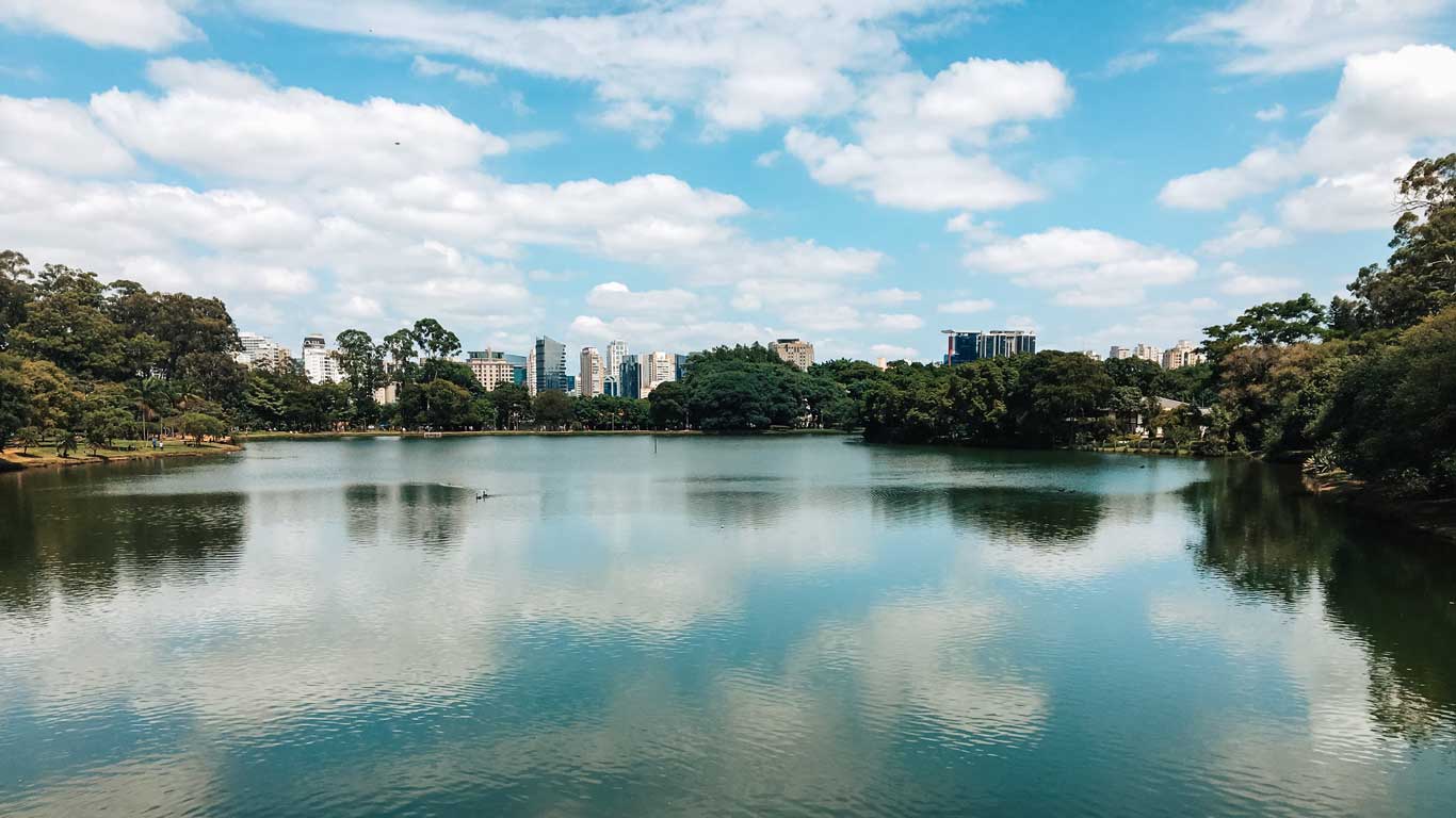 La imagen muestra un lago rodeado de vegetación frondosa con un horizonte urbano al fondo, donde se observan varios edificios altos bajo un cielo azul con nubes esponjosas. El reflejo del cielo y los árboles en el agua del lago crea una vista tranquila y equilibrada. Es un paisaje que combina naturaleza y ciudad, posiblemente en un parque urbano.