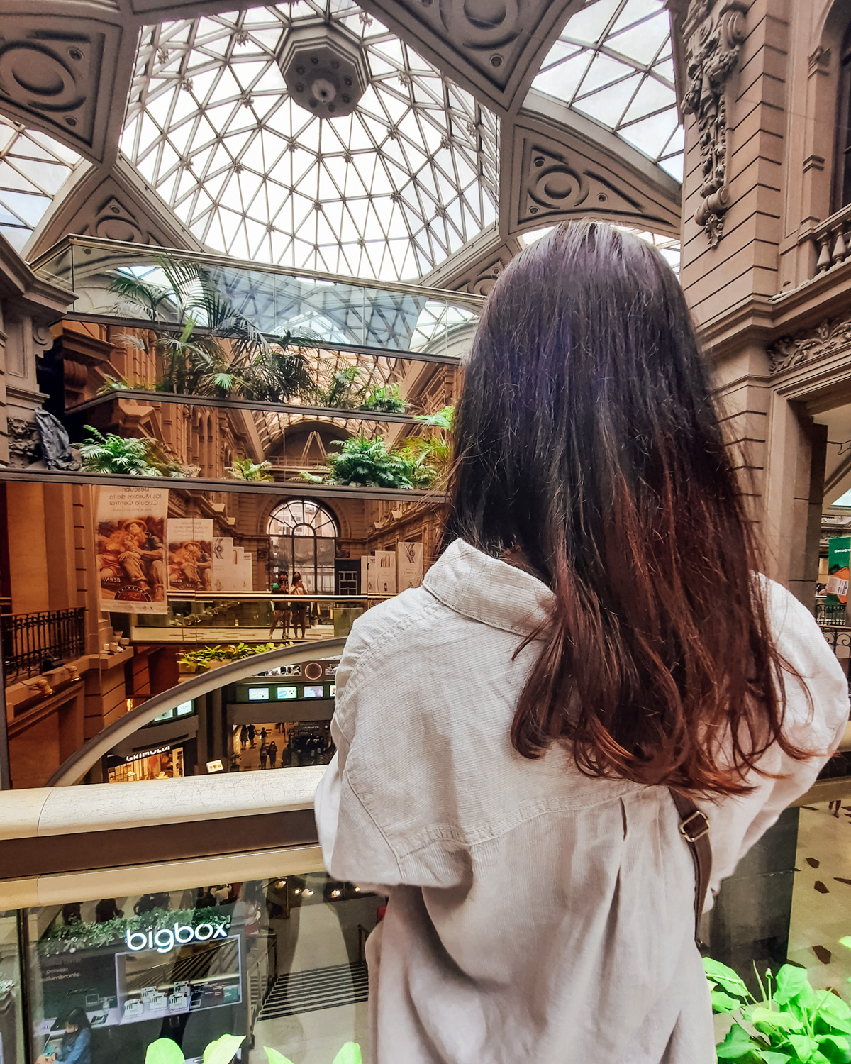 galerias-pacifico-1 Mujer observa el interior de las Galerías Pacífico desde el piso superior, con cúpula de cristal y decoración clásica. El centro comercial está adornado con plantas y elementos arquitectónicos sofisticados.