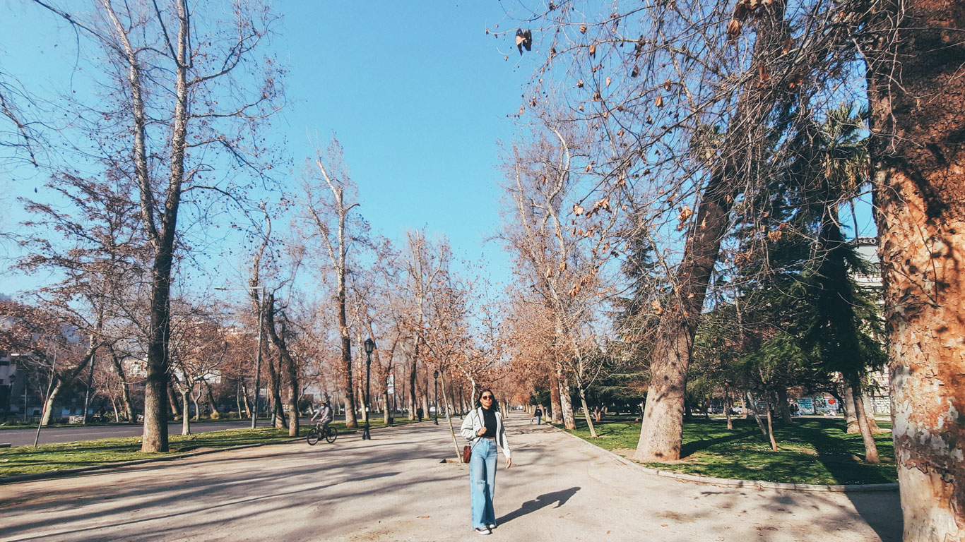 que-llevar-santiago-invierno Mujer caminando por un parque arbolado en Santiago durante el invierno, con árboles desnudos y cielo despejado.