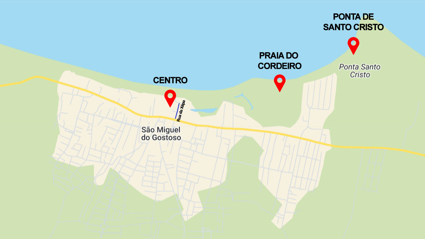 Mapa que destaca las mejores zonas donde alojarse en São Miguel do Gostoso, RN.