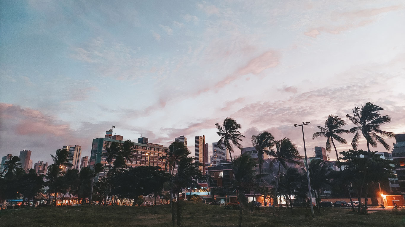 Vista urbana de Tambaú en João Pessoa al atardecer, con edificios altos al fondo y cocoteros balanceándose en primer plano. El cielo muestra tonos rosados y azulados al caer la tarde.
