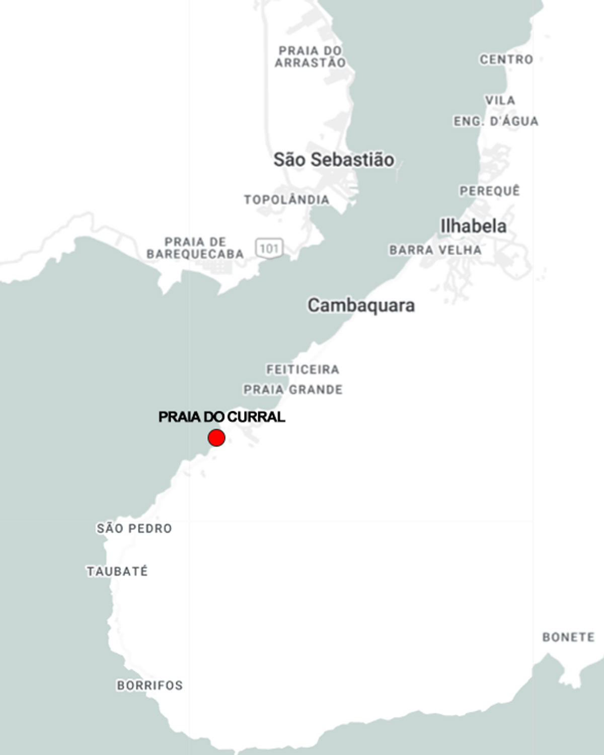 Mapa de ubicación de Praia do Curral, el mejor lugar para alojarse en Ilhabela.