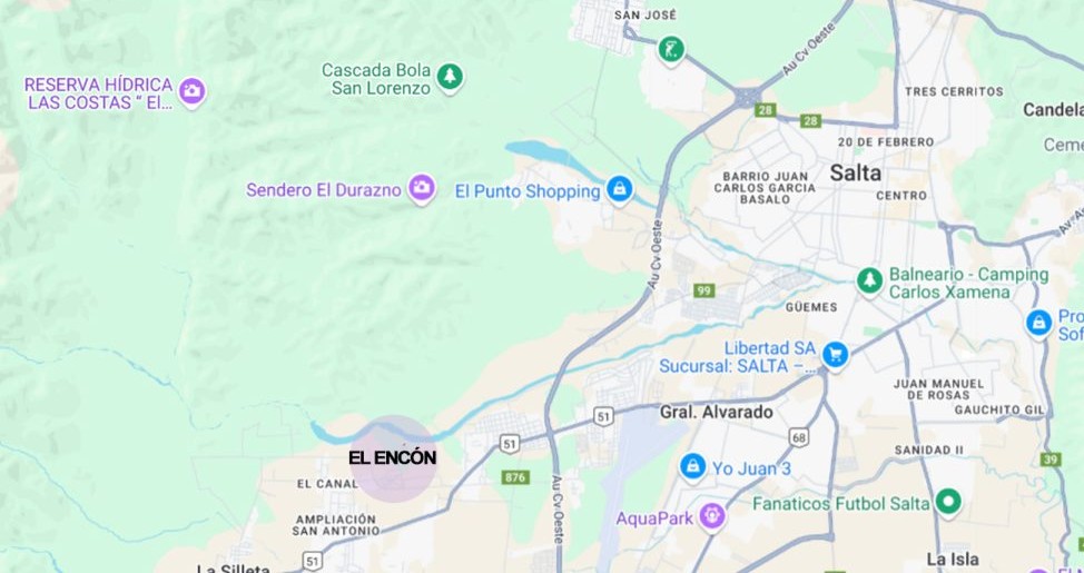 Mapa marcado en morado con la mejor zona para alojarse en El Encón, Salta.