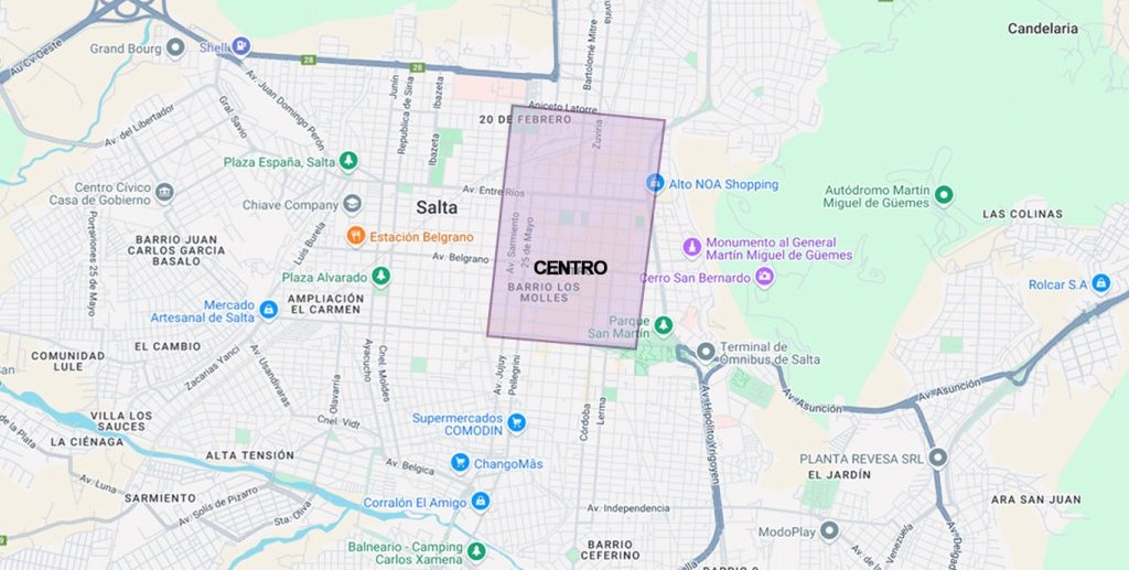 Mapa marcado en morado con la mejor zona para alojarse en el centro de Salta.