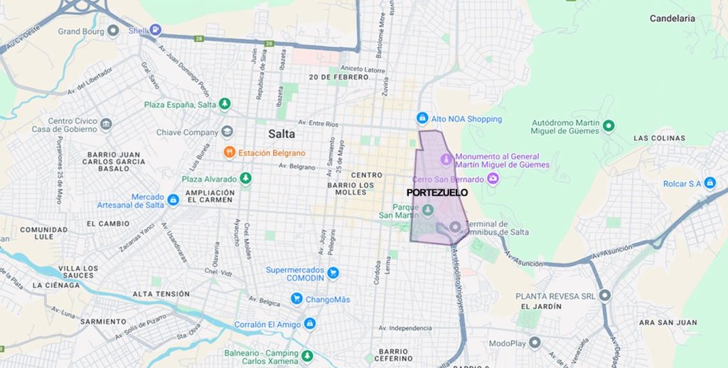 Mapa marcado en morado con la zona de Portezuelo en Salta.