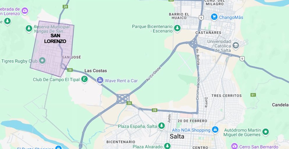Mapa marcado en morado con la mejor zona para alojarse en San Lorenzo, Salta.