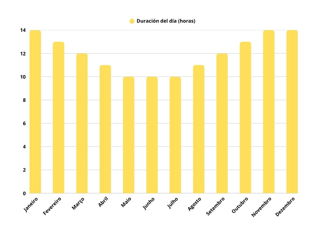 Gráfico de barras amarillas que muestra la duración media del día en horas a lo largo del año. Junio y julio tienen los días más cortos, con unas 10 horas, mientras que diciembre y enero presentan los días más largos, con aproximadamente 14 horas. El gráfico representa cuándo ir a Mendoza.