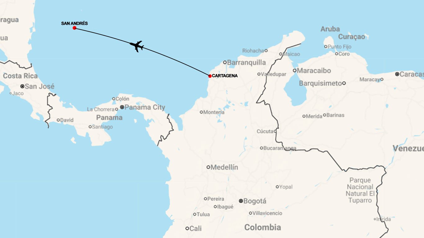 Mapa que muestra la ruta de cómo ir de Cartagena a San Andrés en avión.